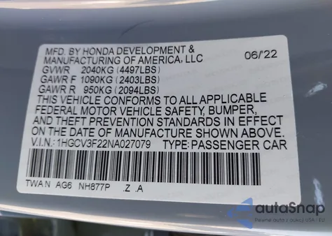 2022 Honda Accord Hybrid Sport from USA, damaged, VIN 1HGCV3F22NA027079